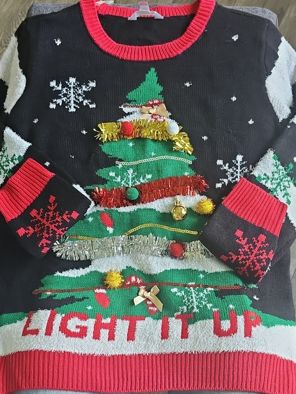 Ugly Christmas No Boundaries Black Sweater Green Tree Poms Sequins Large Party